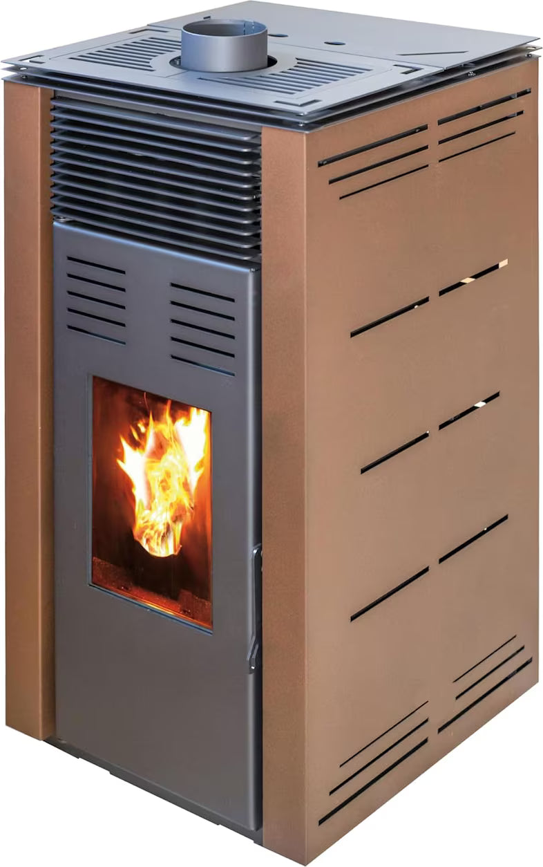 JOIMA – Pelletofen ohne Strom Modell NATUR STYLE 8 kW. Es funktioniert ohne Anschluss an das Stromnetz. Farbe Braune