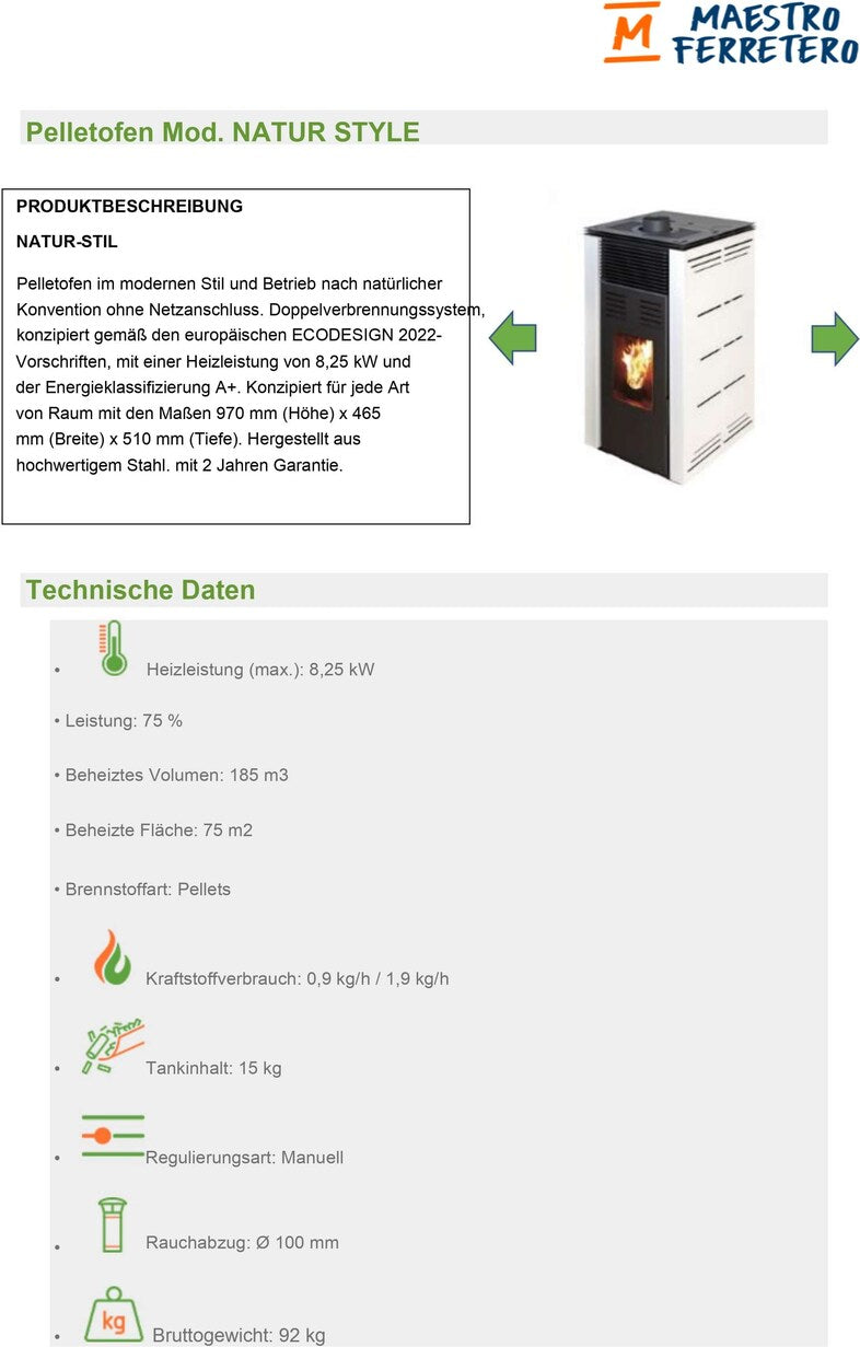 JOIMA – Pelletofen ohne Strom Modell NATUR STYLE 8 kW. Es funktioniert ohne Anschluss an das Stromnetz. Farbe Braune