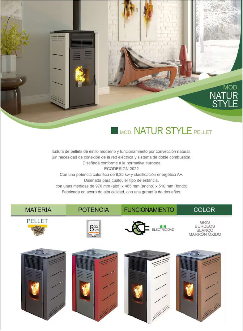JOIMA – Pelletofen ohne Strom Modell NATUR STYLE 8 kW. Es funktioniert ohne Anschluss an das Stromnetz. Farbe Braune