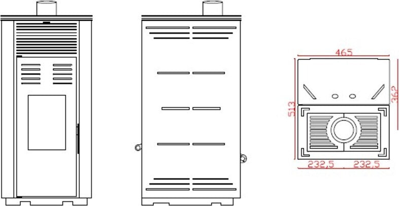 JOIMA – Pelletofen ohne Strom Modell NATUR STYLE 8 kW. Es funktioniert ohne Anschluss an das Stromnetz. Farbe Burgunderrote