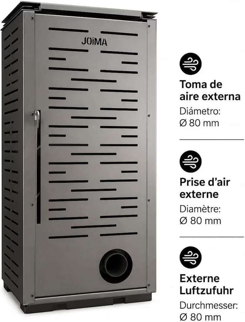 JOIMA – Pelletofen ohne Strom Modell NATUR STYLE 8 kW. Es funktioniert ohne Anschluss an das Stromnetz. Farbe Burgunderrote