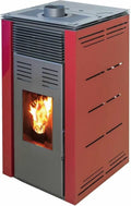 JOIMA – Pelletofen ohne Strom Modell NATUR STYLE 8 kW. Es funktioniert ohne Anschluss an das Stromnetz. Farbe Burgunderrote