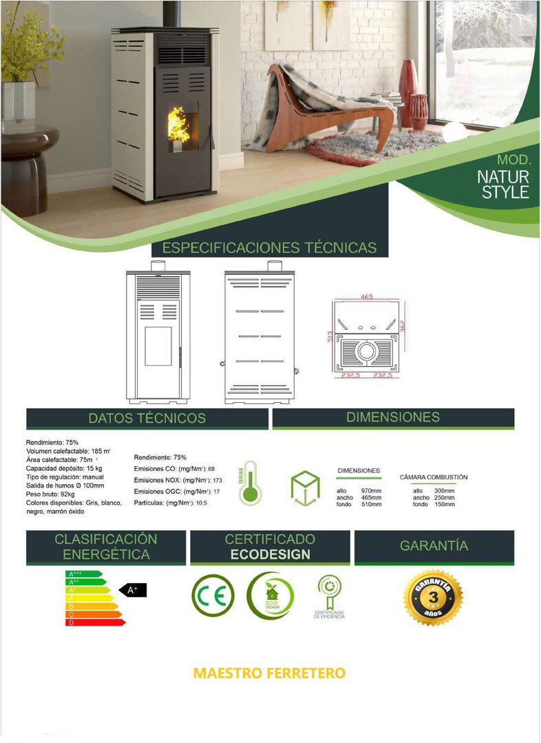 JOIMA – Pelletofen ohne Strom Modell NATUR STYLE 8 kW. Es funktioniert ohne Anschluss an das Stromnetz. Farbe Schwarz