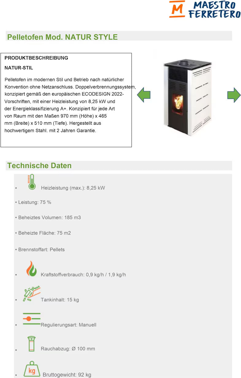 JOIMA – Pelletofen ohne Strom Modell NATUR STYLE 8 kW – Ecodesign 2022