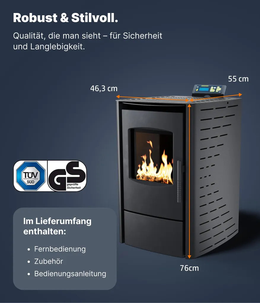 NEMAXX® P6 Pelletofen 6 kW A+ bis 120 m³ – Auto-Reinigungszyklus, ECO-Modus, Wochenprogramm & mechanische Reinigungsunterstützung – Schwarz