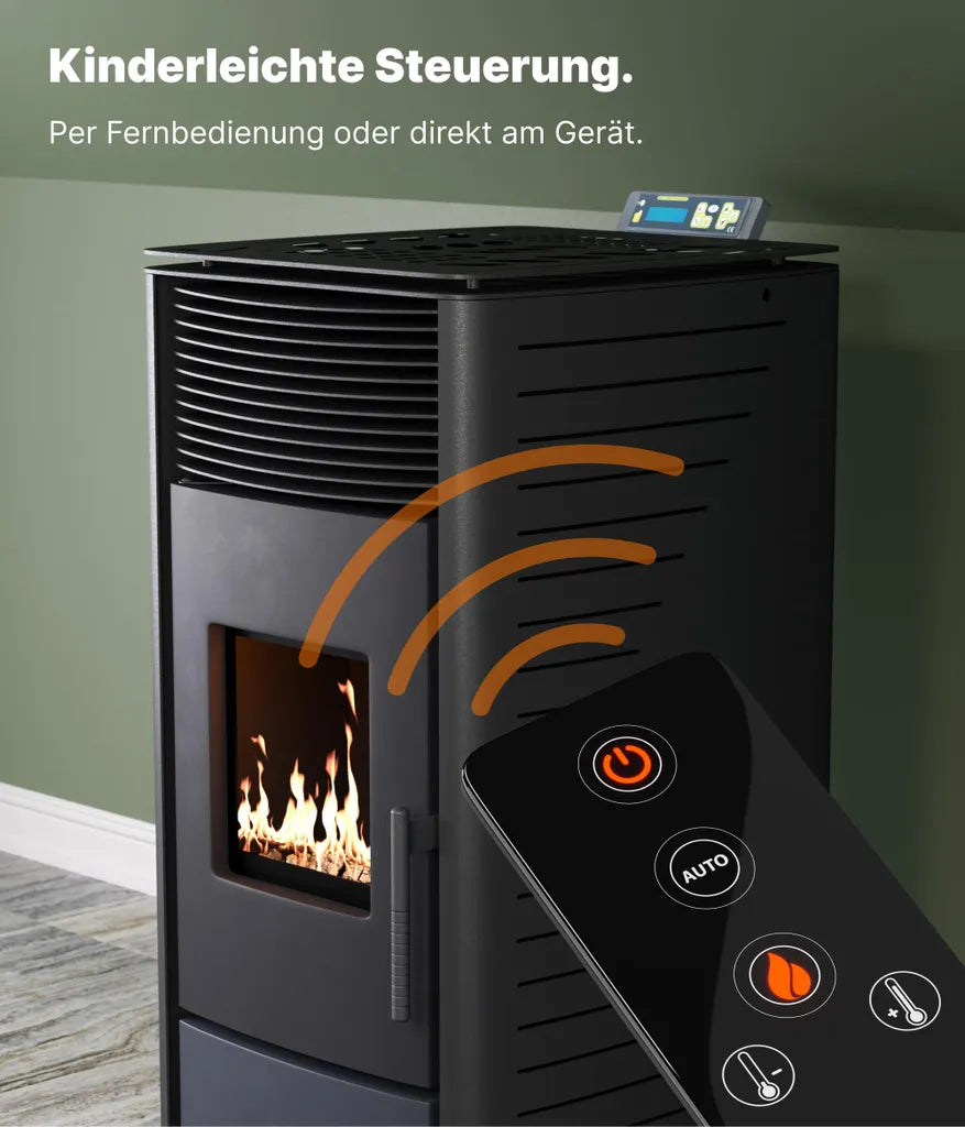 NEMAXX® P6 Pelletofen 6 kW A+ bis 120 m³ – Auto-Reinigungszyklus, ECO-Modus, Wochenprogramm & mechanische Reinigungsunterstützung – Schwarz