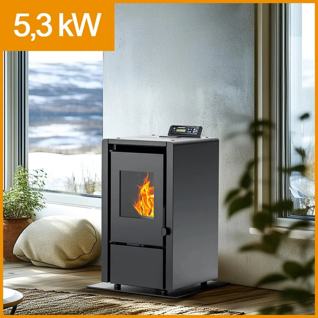 NEMAXX® PC5 Pelletofen 5,3 kW, A+ bis 120 m³ – Chrono-ECO-Modus, Wi-Fi-ready, Display & Fernbedienung – Überhitzungsschutz & Autoabschaltung – Schwarz