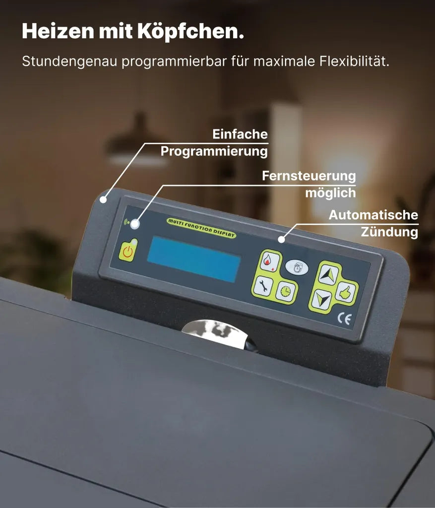 NEMAXX® PC5 Pelletofen 5,3 kW, A+ bis 120 m³ – Chrono-ECO-Modus, Wi-Fi-ready, Display & Fernbedienung – Überhitzungsschutz & Autoabschaltung – Schwarz