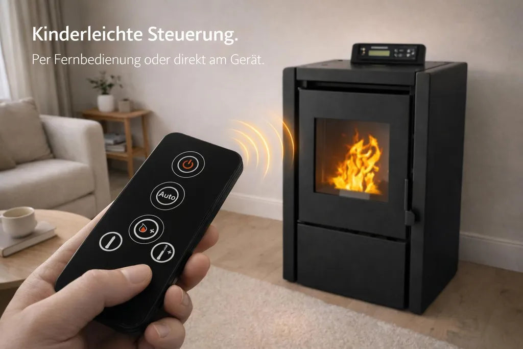 NEMAXX® PC5 Pelletofen 5,3 kW, A+ bis 120 m³ – Chrono-ECO-Modus, Wi-Fi-ready, Display & Fernbedienung – Überhitzungsschutz & Autoabschaltung – Schwarz