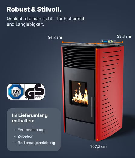 Pelletofen P12 Rot 13,6 kW A+ bis 120 m³ Start-Reinig. & mech. Wartungs-Reinigung